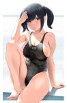  1girl absurdres alternate_costume barefoot black_hair black_one-piece_swimsuit blue_eyes blue_hair border breasts closed_mouth competition_swimsuit dark_blue_hair embarrassed feet foot_out_of_frame hair_ribbon hand_up highleg highleg_swimsuit highres kantai_collection knee_up large_breasts legs light_blush light_rays looking_at_viewer medium_hair one-piece_swimsuit outside_border ribbon sideboob sidelighting sitting solo souryuu_(kancolle) swimsuit thighs toenails toes twintails wa_(genryusui) white_border white_ribbon 