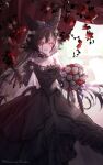  1girl animal_ears bare_shoulders black_dress black_hair blood blood_on_clothes bouquet breasts choker curtains dress feet_out_of_frame flower granblue_fantasy hair_flower hair_ornament hanasaki_arumu highres hip_vent long_hair mismatched_sclera nier_(granblue_fantasy) off-shoulder_dress off_shoulder open_mouth reaching reaching_towards_viewer red_eyes rose slit_pupils small_breasts smile solo standing tiara twitter_username 