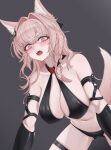  1girl absurdres animal_ears arknights arm_strap bikini black_bikini black_gloves blush braid breasts commentary gloves grey_background hair_intakes hair_ornament halterneck highres large_breasts long_hair looking_at_viewer mildt navel open_mouth pink_eyes pink_hair pozyomka_(arknights) simple_background solo stomach swimsuit tail thigh_strap thighs very_long_hair wolf_ears wolf_tail 