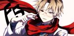  1boy blonde_hair brown_eyes danny_(satsuriku_no_tenshi) glasses highres holding_eyeball jacket light_smile looking_at_object open_mouth red_scarf satsuriku_no_tenshi scarf short_hair shunnyun solo teeth upper_teeth_only white_background white_jacket 