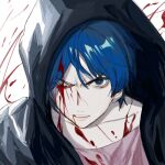  1girl absurdres blood blood_on_clothes blood_on_face blue_eyes blue_hair collarbone commentary_request eyewear_visible_through_hair highres hood hood_up icelandcrow kuina one_eye_closed one_piece short_hair solo teeth 