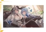  2girls azur_lane between_breasts black_necktie blue_hair breasts bug butterfly chair cleavage coat day dress flower fur-trimmed_coat fur_trim grey_hair hair_flower hair_ornament highres horns indoors kursk_(azur_lane) large_breasts long_hair looking_at_viewer multiple_girls necktie non-web_source official_art red_eyes voroshilov_(azur_lane) white_coat white_dress window zutsuyaku 