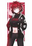  1girl absurdres blush breasts closed_mouth cranberry_(girls_und_panzer) girls_und_panzer grey_eyes hands_in_pockets highres large_breasts looking_at_viewer messy_hair midriff mizzterbii navel red_hair short_hair solo 