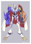  blue_eyes cape character_name dated digimon digimon_(creature) futa_yuri_ryona highres horns looking_at_viewer mecha no_humans omegamon red_cape robot shield simple_background spikes white_cape 