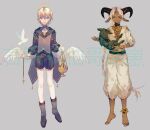  2boys angel_wings animal animal_ears asymmetrical_legwear bare_shoulders barefoot bell belt bird black_belt black_choker black_footwear black_horns black_sailor_collar black_shirt black_shorts blonde_hair blue_choker blue_eyes blue_sleeves boots braid buttons chain chinese_commentary choker circlet closed_mouth clothing_cutout collarbone collared_shirt commentary_request cross dark-skinned_male dark_skin expressionless full_body goat goat_ears goat_horns gold_chain grey_background halo highres holding holding_animal holding_chain horns jar jingle_bell knees long_hair long_sleeves male_focus midriff mismatched_legwear multiple_boys navel original pants parted_bangs pigeon puffy_long_sleeves puffy_pants puffy_sleeves sailor_collar shirt short_hair shorts shoulder_cutout simple_background single_braid sleeves_past_elbows star_(symbol) straight-on toenails toes very_long_hair white_bird white_hair white_pants white_shirt white_sleeves white_wings wings yanmian_(printemps-noir) yellow_eyes yellow_halo 