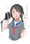  1girl absurdres black_hair blush braid c2_kikan cropped_torso grey_eyes grey_shirt hair_between_eyes headphones highres long_hair ma_rukan microphone music musical_note open_mouth sai-chan sailor_collar shirt short_sleeves simple_background singing solo twin_braids upper_body white_background 