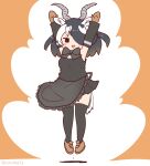  1girl animal_ears antelope_ears antelope_horns apron australian_devil_(kemono_friends) australian_devil_(kemono_friends)_(cosplay) black_bow black_bowtie black_hair blackbuck_(kemono_friends) blush bow bowtie coroha cosplay extra_ears gazelle_horns hair_over_one_eye horns jumping kemono_friends kemono_friends_3 multicolored_hair open_mouth pleated_skirt shirt short_hair skirt sleeveless sleeveless_shirt smile tail thighhighs two-tone_hair waist_apron white_hair 