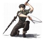  1boy black_pants camouflage camouflage_shirt collared_shirt dagger harpoon highres holding holding_dagger holding_knife holding_weapon knife limbus_company long_sleeves on_one_knee pants project_moon satome_setsuko shirt simple_background solo suspenders weapon white_background yi_sang_(project_moon) 