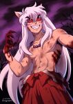  1boy animal_ears artist_name blood blood_on_hands colored_sclera dated dog_ears facial_mark fangs fingernails grin hakama injury inuyasha inuyasha_(character) japanese_clothes jewelry long_hair male_focus marycrispies necklace purple_sky red_sclera sharp_fingernails sky smile topless_male tree very_long_hair white_hair yellow_eyes 