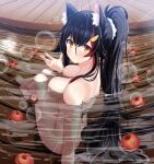  1girl animal_ear_fluff animal_ears apple artist_name barefoot black_hair blush breasts commentary_request completely_nude curvy food foreshortening from_behind fruit hair_between_eyes hair_ornament hair_over_shoulder hair_scrunchie hand_out_of_frame hand_up helvetica_std highres hololive knees_up large_breasts long_hair looking_at_viewer looking_back multicolored_hair nude onsen ookami_mio painttool_sai_(medium) parted_lips partially_submerged ponytail red_hair ripples scrunchie sitting solo streaked_hair tail very_long_hair virtual_youtuber water wet wet_hair white_scrunchie wolf_ears wolf_girl wolf_tail yellow_eyes 