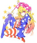  1girl american_flag_dress american_flag_pants blonde_hair breasts closed_mouth clownpiece dress gradient_hair hair_between_eyes hand_on_own_knee hand_up hat highres ichizen_(o_tori) jester_cap long_hair looking_at_viewer medium_breasts multicolored_hair neck_ruff one-hour_drawing_challenge pants pink_eyes pink_hair pink_headwear polka_dot polka_dot_headwear short_sleeves simple_background sitting smile solo star_(symbol) star_print striped_clothes striped_dress striped_pants touhou white_background 