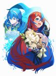  1boy 1girl alear_(female)_(fire_emblem) alear_(fire_emblem) blue_cape blue_hair bouquet cape circlet crossed_bangs fire_emblem fire_emblem_engage flower heterochromia highres holding holding_bouquet jewelry long_hair marth_(fire_emblem) multicolored_hair nakabayashi_zun open_hand open_mouth red_eyes red_hair ring split-color_hair teeth upper_body upper_teeth_only very_long_hair white_background 