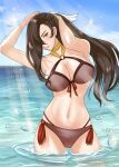  1girl absurdres armpits bare_shoulders bikini blue_sky breasts brown_eyes brown_hair cleavage cowboy_shot fire_emblem fire_emblem_fates highres kagero_(fire_emblem) kousetu0506 large_breasts long_hair looking_at_viewer navel parted_lips partially_submerged red_bikini sky solo swimsuit tying_hair water 