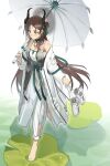  1girl arknights bare_shoulders barefoot brown_eyes brown_hair coat commentary_request highres holding holding_umbrella horns jieyun_(arknights) jieyun_(away_from_dust)_(arknights) liang_chan_xing_make_tu lily_pad long_hair off_shoulder pants solo standing strapless tube_top umbrella very_long_hair white_coat white_pants 