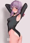  1girl absurdres armpit_cutout armpits arms_behind_head arms_up ass athletic_leotard bare_shoulders blush braid breasts brown_eyes clothing_cutout commentary_request commission cowboy_shot from_behind grey_background highleg highres hiiragi_shinoa leotard looking_at_viewer looking_back nanja owari_no_seraph purple_hair simple_background small_breasts solo standing 