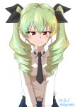  1girl absurdres anchovy_(girls_und_panzer) anzio_school_uniform belt black_belt black_necktie black_ribbon blue_skirt commentary dated dress_shirt drill_hair drops_mint frown girls_und_panzer glaring green_hair grimace hair_ribbon highres long_hair long_sleeves looking_at_viewer necktie no_cape pleated_skirt red_eyes ribbon school_uniform shirt simple_background skirt solo standing twin_drills twintails twitter_username white_background white_shirt wing_collar 