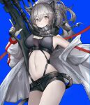  1girl absurdres arknights blue_background closed_mouth crossbow grey_eyes grey_hair hair_between_eyes highres holding holding_weapon jacket long_hair long_sleeves looking_at_viewer navel off_shoulder open_clothes open_jacket roupo99 schwarz_(arknights) shorts simple_background solo standing weapon 