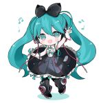  1girl :d aqua_eyes aqua_hair aqua_necktie audio_jack blush bow chibi dress frilled_dress frills gloves hair_bow hatsune_miku headphones highres long_hair magical_mirai_miku magical_mirai_miku_(2016) maro_maro_3939 multicolored_clothes multicolored_gloves musical_note necktie pocket smile solo v very_long_hair vocaloid white_background white_gloves 