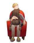  2boys absurdres armchair armin_arlert ass belt black_footwear blonde_hair blue_eyes blush bomhat boots bowl_cut brown_footwear brown_hair brown_pants chair clothes_lift collared_shirt commentary covered_face eren_yeager grey_shirt hand_on_another&#039;s_back highres lifted_by_another long_sleeves looking_at_viewer looking_back male_focus multiple_boys pants parted_lips shingeki_no_kyojin shirt shirt_lift shoe_soles short_hair sideways_glance simple_background sitting sitting_on_lap sitting_on_person sleeves_rolled_up slippers solo_focus thigh_strap white_background white_pants yaoi 