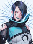 1girl apex_legends black_hair blue_eyeshadow blue_hair blue_lips bodysuit breasts catalyst_(apex_legends) clothing_cutout crescent eyebrow_piercing eyeshadow grey_background grey_bodysuit grey_eyes hair_behind_ear head_tilt highres looking_at_viewer makeup multicolored_hair parted_lips piercing portrait short_hair shoulder_cutout shoulder_tattoo small_breasts smile solo streaked_hair tama_(ponz3o1) tattoo 