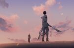  0109_(artist) 1boy 1girl arms_at_sides bandaged_arm bandages black_hair cloud cloudy_sky facing_away highres hooded_robe looking_at_another rey_(star_wars) robe sand sky standing star_wars star_wars:_the_rise_of_skywalker walking white_robe wind 