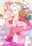  animal ban_(nanatsu_no_taizai) bear bunny cat copyright_name hawk_(nanatsu_no_taizai) looking_at_viewer lying male_focus nanatsu_no_taizai navel panda pig red_eyes red_shirt scar shirt silver_hair sleepwear solo spiked_hair stepintime stuffed_toy toy 