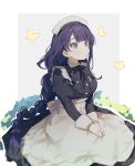  1girl alternate_costume apron black_dress braid breasts bug butterfly closed_mouth dress enmaided frills genshin_impact highres juliet_sleeves long_hair long_sleeves maid maid_headdress mgmgramen mole mole_under_eye puffy_sleeves purple_eyes purple_hair raiden_shogun sitting solo very_long_hair white_apron 