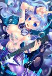  absurdres arm_up blue_eyes blue_hair bracelet breasts electric_guitar guitar headphones highres instrument jam_roll jewelry long_hair majo_taisen_chronicle medium_breasts mermaid monster_girl navel open_mouth plectrum pointing solo speaker star 