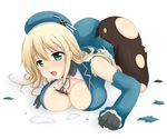  areola_slip areolae ascot atago_(kantai_collection) black_gloves black_legwear blonde_hair blue_hat blush breasts covered_nipples gloves green_eyes hat hinnosuke kantai_collection large_breasts long_hair looking_at_viewer military military_uniform open_mouth pantyhose simple_background solo top-down_bottom-up torn_clothes torn_legwear uniform white_background 