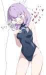  1girl 1other acalephea atsuko_(blue_archive) bare_arms bare_legs bare_shoulders black_one-piece_swimsuit blue_archive blush braid grey_halo halo heart highres long_hair one-piece_swimsuit open_mouth purple_hair solo_focus swimsuit twin_braids 