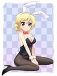  animal_ears blonde_hair blue_eyes bow bowtie braid bunny_ears bunny_tail bunnysuit darjeeling girls_und_panzer junk_doppel pantyhose short_hair sitting tail wariza wrist_cuffs 