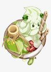  :o alcremie clover commentary cream food four-leaf_clover from_above green_eyes highres matcha_(food) midori8_10 no_humans open_mouth pokemon pokemon_(creature) simple_background sinistcha wafer white_background 