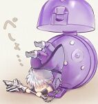  1boy arm_guards b-saku bag_charm box charm_(object) chibi closed_eyes dragon_quest dragon_quest_dai_no_daibouken faceplant feet_up grey_hair holding holding_polearm holding_weapon hyunkel jacket male_focus outstretched_arms polearm purple_jacket purple_theme short_hair short_sleeves solo spear tripping upside-down weapon white_background 