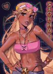  1girl absurdres bandeau black_panties blonde_hair blush bracelet breasts brown_eyes character_name choker cleavage collarbone dark-skinned_female dark_skin floating_hair grey_skirt groin gyaru hair_ornament hairclip hands_on_own_hips head_tilt heart highres jewelry lip_piercing long_finger long_hair looking_at_viewer medium_breasts molu_(sodasnaps) necklace original panties parted_lips piercing pink_choker pink_nails pink_tube_top skirt solo star_(symbol) star_hair_ornament strapless thong tube_top underwear upper_body very_long_hair 