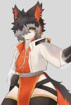 2024 aak_(arknights) anthro arknights black_hair clothed clothing domestic_cat ear_piercing felid feline felis fur hair hair_over_eye hi_res hypergryph looking_at_viewer male mammal one_eye_obstructed piercing pureolliebranch solo studio_montagne tail white_body white_fur wide_hips