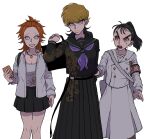  3girls armband backpack bag black_hair black_shirt black_skirt clenched_teeth d: danganronpa:_trigger_happy_havoc danganronpa_(series) dragon_print genderswap genderswap_(mtf) grey_eyes hand_up highres holding holding_bag holding_phone ishimaru_kiyotaka kuwata_leon long_skirt long_sleeves looking_at_another looking_at_viewer miniskirt mokuzou_(mokumokuzo) multicolored_hair multiple_girls neckerchief orange_hair owada_mondo phone pink_neckerchief pleated_skirt red_armband red_eyes sailor_collar shirt shoulder_bag simple_background skirt standing teeth two-tone_hair white_background white_sailor_collar 