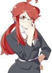  1girl 34_(sanjushi) ahoge black_suit formal glasses hand_on_own_hip highres long_hair long_sleeves lorelei_(pokemon) pencil_skirt pokemon pokemon_lgpe ponytail red_eyes red_hair semi-rimless_eyewear sidelocks skirt suit swept_bangs turtleneck 