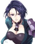  1girl armor black_choker blue_hair blue_jacket breasts choker cleavage commentary_request fire_emblem fire_emblem:_three_houses hair_between_eyes jacket kuroyu66 large_breasts looking_at_viewer open_clothes open_jacket purple_eyes shamir_nevrand short_hair shoulder_armor simple_background solo upper_body white_background 