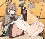  1girl ahoge bare_legs barefoot boots brown_hair commentary commission english_commentary feathers feet foot_focus friend_(nanashi_mumei) highres holding holding_boots holding_clothes holding_footwear hololive knees_up legs long_hair looking_at_viewer nanashi_mumei nanashi_mumei_(1st_costume) shoes sitting softhanten soles solo tent toes unworn_boots virtual_youtuber 