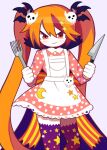  1girl absurdres apron back_bow bat_hair_ornament bow brown_hair cape carnival_rhythm colored_skin crescent dress fork funamusea hair_between_eyes hair_ornament highres holding holding_fork holding_knife knife lavinrac_(carnival_rhythm) long_hair multicolored_hair orange_eyes orange_hair orazamige pink_dress polka_dot polka_dot_dress purple_cape purple_thighhighs red_bow skull skull_hair_ornament smile solo star_(symbol) streaked_hair striped_bow thighhighs twintails two-tone_hair white_apron white_background white_skin yellow_bow 