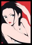  1girl black_border black_hair blue_eyes border chris_re5 close-up commentary dress earrings hair_slicked_back hand_on_own_head highres jewelry long_hair looking_at_viewer loose_hair_strand necklace nico_robin one_piece red_background red_lips red_nails white_dress 