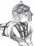  1girl :&lt; absurdres ahoge bare_shoulders blunt_bangs blunt_ends butt_crack diagonal_bangs eyes_visible_through_hair eyewear_on_head greyscale hair_over_one_eye hair_ribbon heart heart-shaped_eyewear highres himemori_luna himemori_luna_(5th_costume) hololive looking_at_viewer lying monochrome nanashi_(nlo) necktie off_shoulder official_alternate_costume official_alternate_hairstyle on_stomach ribbon short_hair simple_background solo virtual_youtuber whale_tail_(clothing) 