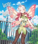  1girl absurdres ahoge blue_eyes blue_sky blush braid brown_pantyhose bush butterfly_wings capelet cityscape cloud cloudy_sky commission commissioner_upload fairy fairy_wings fire_emblem fire_emblem_fates fire_emblem_heroes flower_bracelet gradient_clothes green_bracelet grey_hair hair_vines highres igni_tion insect_wings leaf_bracelet low_twin_braids low_twintails nina_(fire_emblem) nina_(resplendent)_(fire_emblem) non-web_source official_alternate_costume pantyhose parted_bangs pink_capelet sky solo twin_braids twintails vine_print wings 