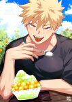  1boy absurdres bakugou_katsuki black_shirt blonde_hair blush boku_no_hero_academia cloud day flower food highres holding holding_spoon looking_at_viewer male_focus orange_flower outdoors red_eyes shirt short_hair sky solo spiked_hair spoon tongue tongue_out twitter_username yazaki_(yazakc) 