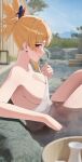  1girl absurdres blonde_hair blurry blurry_background blurry_foreground blush bottle breasts covering_privates embarrassed from_side genshin_impact high_ponytail highres jumonji knees_up large_breasts looking_at_viewer medium_hair nipples nude_cover onsen outdoors paid_reward_available partially_submerged sake_bottle sitting solo yoimiya_(genshin_impact) 