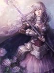  armor armored_dress bad_id bad_pixiv_id breastplate elbow_gloves flower gloves hair_between_eyes highres knight long_hair original parted_lips polearm purple purple_flower purple_rose rose senano-yu silver_hair solo spear wavy_hair weapon 