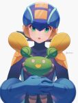  1boy :d blue_bodysuit blue_headwear bodysuit brown_hair commentary_request covered_collarbone green_eyes happy helmet highres holding looking_at_viewer male_focus mega_man_(series) mega_man_battle_network_(series) megaman.exe mr._prog_(mega_man) netnavi open_mouth simple_background smile spiked_hair straight-on twitter_username upper_body white_background zero-go 