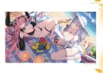  2girls animal azur_lane beach bikini bird breasts cellphone cleavage food fruit grapes hair_ornament hairband hat highres holding holding_food holding_spoon horns ice_cream kiwi_(fruit) large_breasts long_hair manjuu_(azur_lane) medium_breasts multiple_girls non-web_source ocean phone pineapple pink_hair plymouth_(azur_lane) prinz_rupprecht_(azur_lane) purple_eyes sand sandals shadow sitting sleeping spoon sun_hat sundae swimsuit thigh_strap wariza water watermelon watermelon_slice yuri_(chocho_q) 