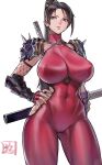  1girl absurdres armor black_hair bodysuit breasts brown_eyes cameltoe closed_mouth covered_navel covered_nipples cowboy_shot curvy fishnet_cutout forehead hand_on_own_hip highres huge_breasts impossible_bodysuit impossible_clothes juaag_acgy long_hair looking_at_viewer multiple_swords ninja nose ponytail red_bodysuit simple_background soulcalibur sword taki_(soulcalibur) turtleneck weapon white_background 