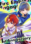  2boys alear_(fire_emblem) alear_(male)_(fire_emblem) blue_cape blue_eyes blue_hair cape closed_mouth crossed_bangs fire_emblem fire_emblem:_mystery_of_the_emblem fire_emblem_engage gloves hair_between_eyes highres holding holding_sword holding_weapon looking_at_viewer male_focus marth_(fire_emblem) multiple_boys open_mouth red_eyes red_hair short_hair smile sword tiara weapon white_cape yutohiroya 